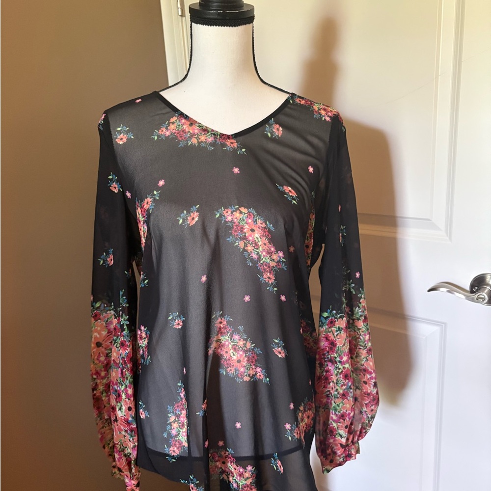 CAbi “Vintage Cabi Blouse” Black Floral Sheer Blouse